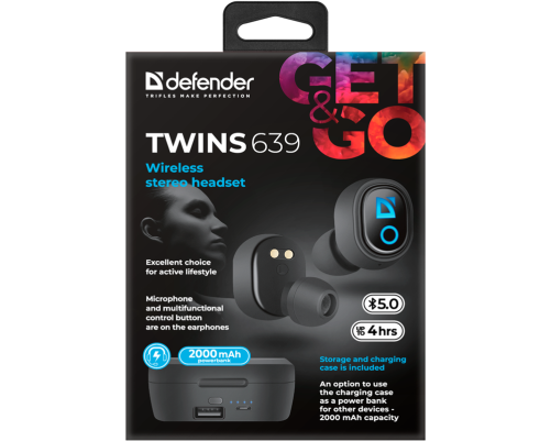 Гарнитура беспроводная Defender Twins 639 черный,TWS, PB, Bluetooth