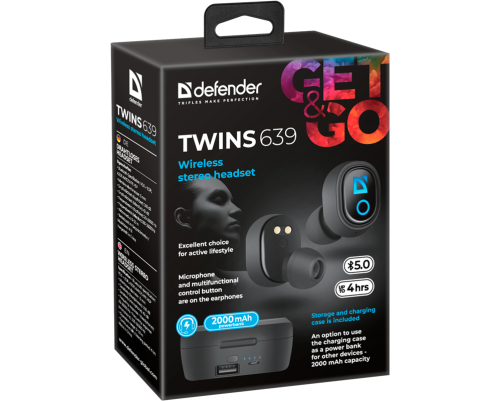 Гарнитура беспроводная Defender Twins 639 черный,TWS, PB, Bluetooth