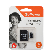 Карта памяти microSD GoPower 4GB Class10 UHS-I U1 V10 с адаптером