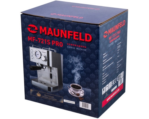 Кофемашина MAUNFELD MF-721S PRO, мощность 1140 Вт, давление 15 бар, капучинатор, возможность приготовления 2 чашек, цвет нержавеющая сталь