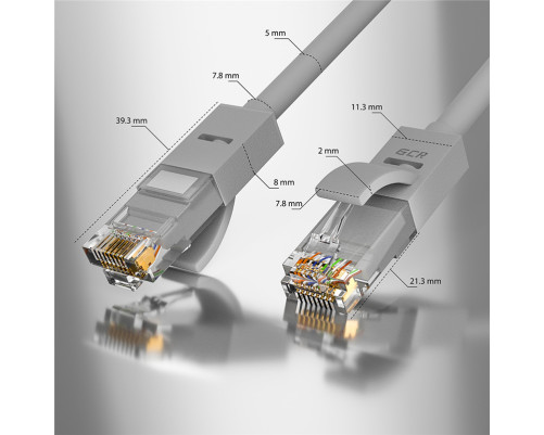 Патч-корд прямой 9.0m UTP кат.5e, серый, позолоченные контакты, 24 AWG, литой, ethernet high speed 1 Гбит/с, RJ45, T568B, GCR-51513