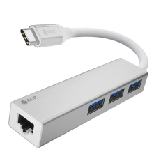 USB HUB TypeC 4в1 разветвитель на 3 порта USB 3.0 + сетевой адаптер Gigabit Ethernet RJ-45, серебристый, алюминиевый корпус, GCR-54603