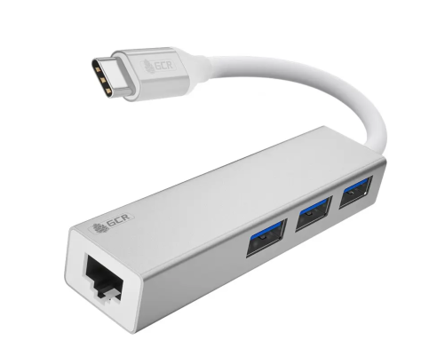 USB HUB TypeC 4в1 разветвитель на 3 порта USB 3.0 + сетевой адаптер Gigabit Ethernet RJ-45, серебристый, алюминиевый корпус, GCR-54603