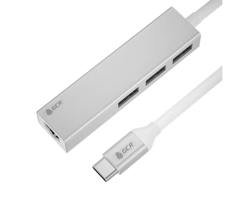 USB HUB TypeC 4в1 разветвитель на 3 порта USB 3.0 + сетевой адаптер Gigabit Ethernet RJ-45, серебристый, алюминиевый корпус, GCR-54603