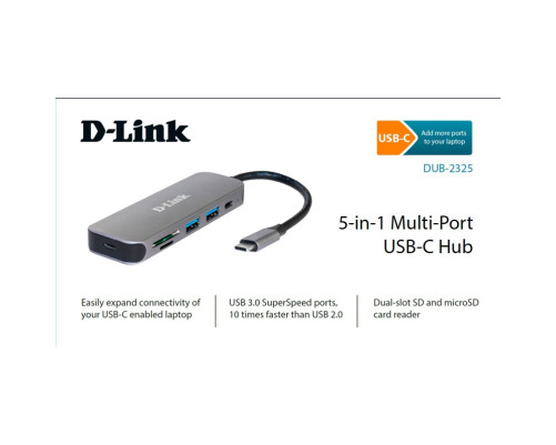 USB разветвитель D-LINK DUB-2325 USB-C Hub, 2xUSB3.0 + USB-C, SD/microSD Card Reader