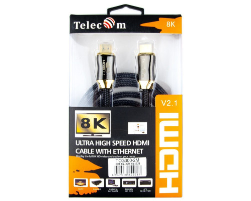 Кабель HDMI 19M/M,ver. 2.1, 8K@60 Hz 2m метал разъемы, нейлоновая оплетка Telecom <TCG300-2M>