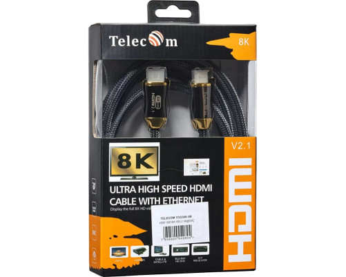 Кабель HDMI 19M/M,ver. 2.1, 8K@60 Hz 3m метал разъемы, нейлоновая оплетка Telecom <TCG300-3M>