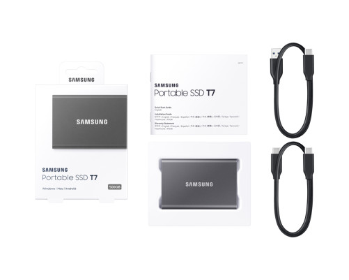 Внешний накопитель SSD Samsung T7, 500GB, Type-C, USB 3.2 Gen2, R/W 1050/1000MB/s, 85x57x8mm, Titan Gray