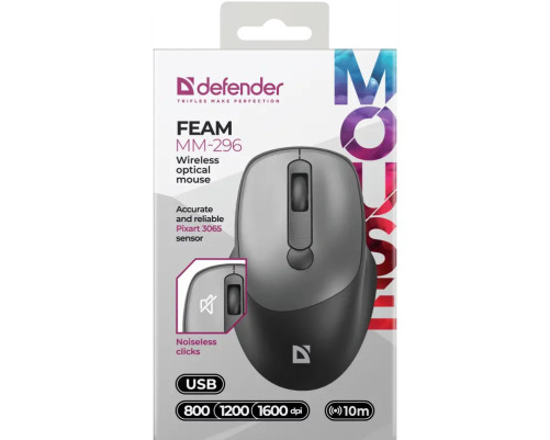 Мышь беспроводная Defender Feam MM-296, 4D, 800-1600 dpi, черный