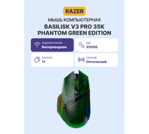 Мышь беспроводная игровая Razer Basilisk V3 Pro 35K - Phantom Green Ed., зеленый