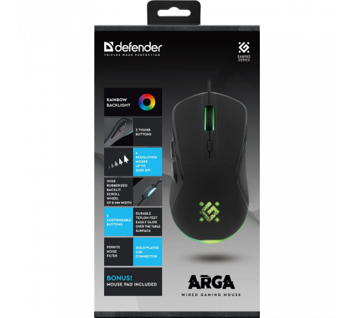 Мышь проводная игровая Defender Arga GM-049, 6 кнопок, 3600 dpi, коврик, черный