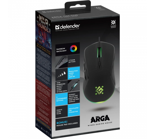 Мышь проводная игровая Defender Arga GM-049, 6 кнопок, 3600 dpi, коврик, черный