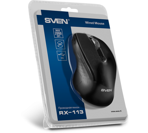 Мышь проводная SVEN RX-113, 6 кнопок, 800-2000 dpi, Soft Touch, 1.5 м, USB, чёрный