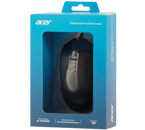 Мышь проводная игровая ACER OMW160, USB, 6400 dpi, RGB, 8 кнопок, черный