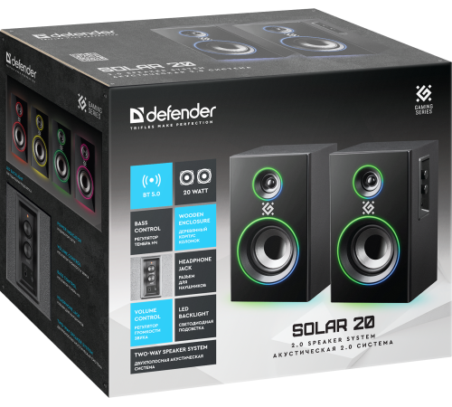Акустическая система Defender Solar 20, 2.0, 20 Вт, подсветка, BT, 230В, черный