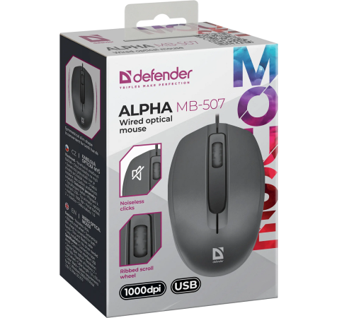 Мышь проводная Defender Alpha MB-507, 3D, бесшумная, 1.8 м, черный