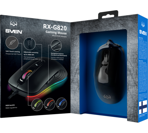 Мышь проводная игровая SVEN RX-G820, 7 кнопок, 200-4800 dpi, RGB подсветка, черный
