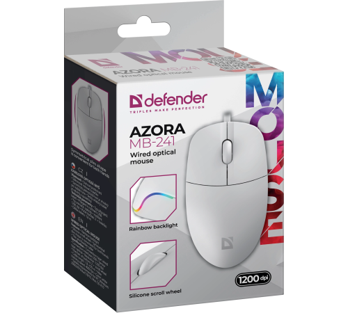 Мышь проводная Defender Azora MB-241, 3D, 1200 dpi, 1.8 м, белый
