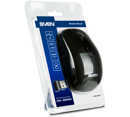 Мышь беспроводная SVEN RX-260W, 2.4 GHz, 4 кнопки, 800/1200/1600 dpi, черный