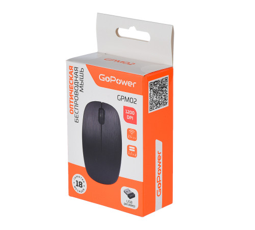 Мышь беспроводная GoPower GPM02, 3 кнопки, 1200 dpi, USB, черный