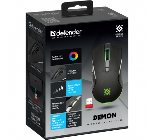 Мышь беспроводная игровая Defender Demon GM-534, 6 кнопок, 2.4G, 3200dpi, 500 мАч, черный