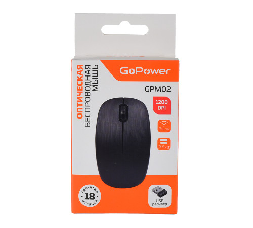 Мышь беспроводная GoPower GPM02, 3 кнопки, 1200 dpi, USB, черный