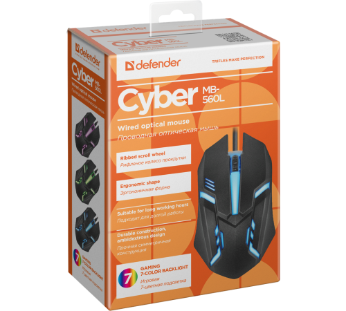 Мышь проводная игровая Defender Сyber MB-560L, 7 цветов, 3 кнопки, 1200 dpi, черный
