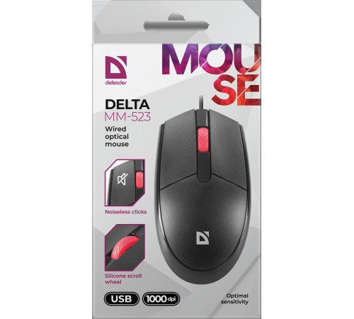Мышь проводная Defender Delta MM-523, 3D, бесшумная, 1.8 м, 1000 dpi, черный