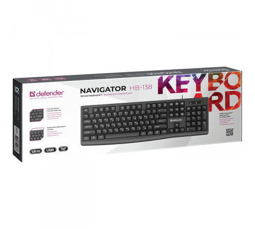Клавиатура проводная Defender Navigator HB-138 RU, 104 клавиши+FN, 1.8 м, черный