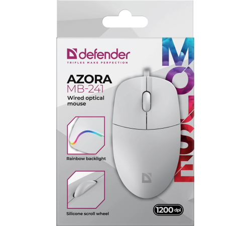 Мышь проводная Defender Azora MB-241, 3D, 1200 dpi, 1.8 м, белый