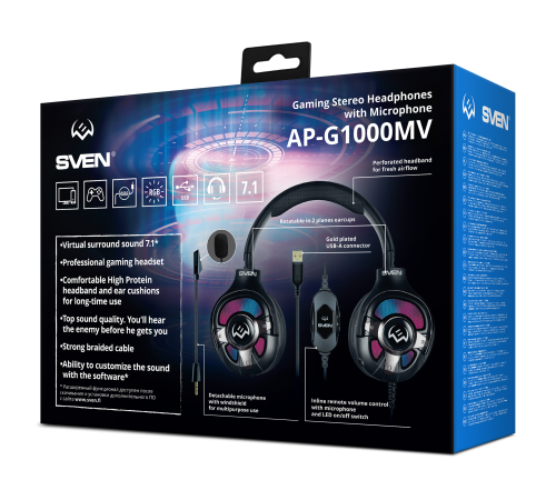 Гарнитура проводная игровая SVEN AP-U1100MV, черный (USB, RGB, 7.1)