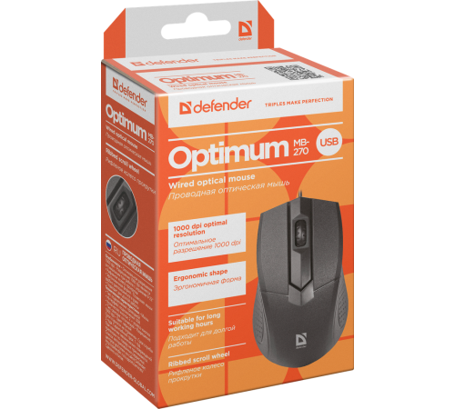Мышь проводная Defender Optimum MB-270, 3 кнопки, 1000 dpi, черный