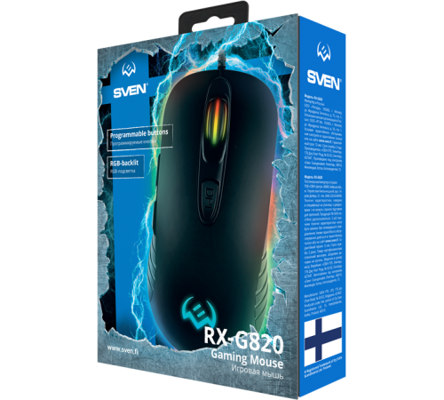 Мышь проводная игровая SVEN RX-G820, 7 кнопок, 200-4800 dpi, RGB подсветка, черный