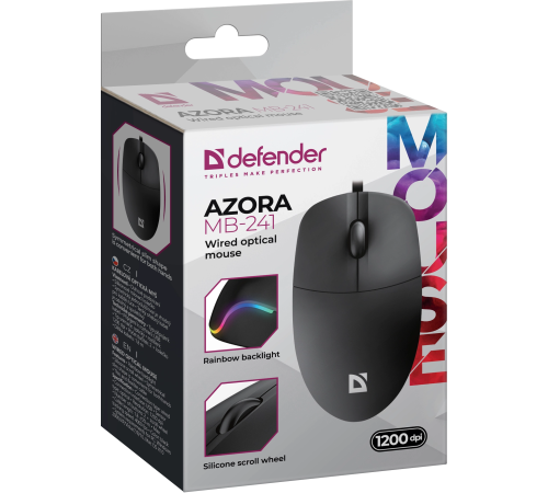 Мышь проводная Defender Azora MB-241, 3D, 1200dpi, 1.8 м, черный