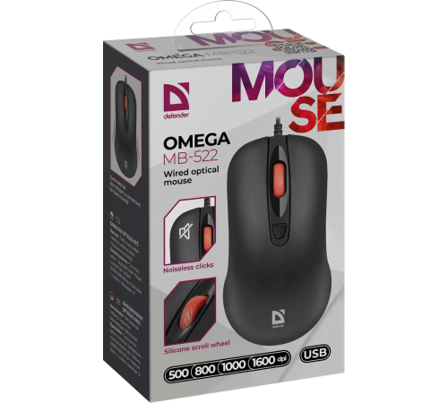 Мышь проводная Defender Omega MB-522, 4 кнопки, 500-1600 dpi, 1.8 м, черный