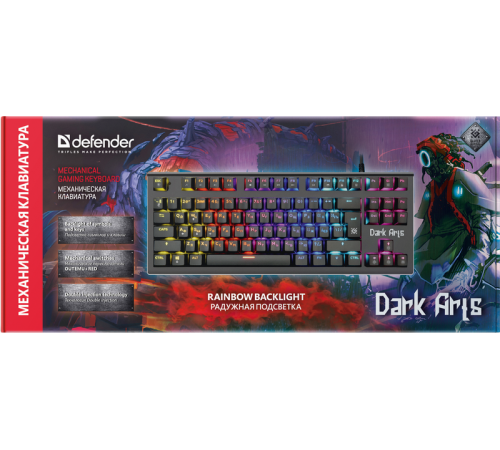 Клавиатура проводная игровая Defender Dark Arts GK-375 RU, механическая, подсветка, Rainbow, 87 клавиш, черный