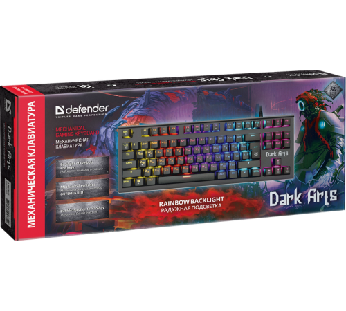 Клавиатура проводная игровая Defender Dark Arts GK-375 RU, механическая, подсветка, Rainbow, 87 клавиш, черный