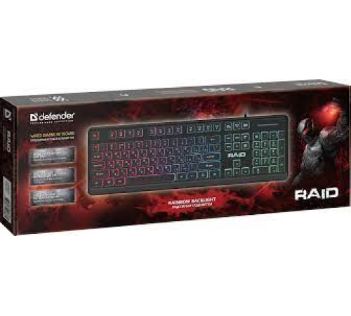 Клавиатура проводная игровая Defender Raid GK-778DL RU, подсветка, Rainbow, 104 клавиши, черный