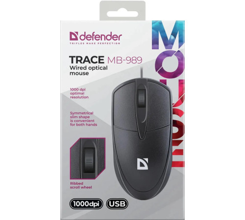 Мышь проводная Defender Trace MB-989, 3D, 1.2 м, 1000 dpi, черный