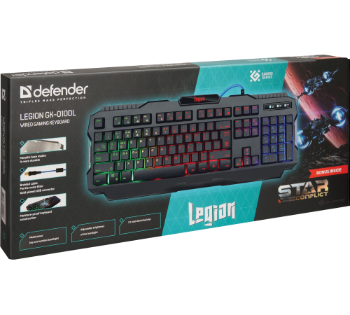 Клавиатура проводная игровая Defender Legion GK-010DL RU, RGB подсветка, 19 Anti-Ghost, черный