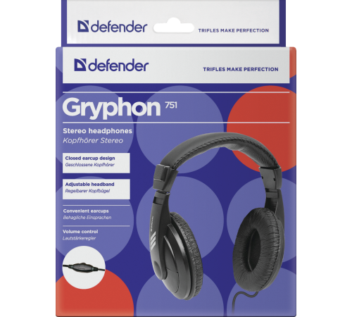 Наушники проводные Defender  Gryphon 751, 2 м, черный