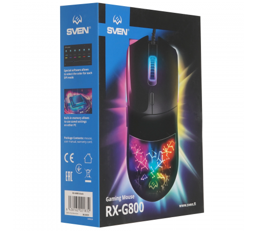 Мышь проводная игровая SVEN RX-G800, 6 кнопок, 200-7200 dpi, RGB, черный