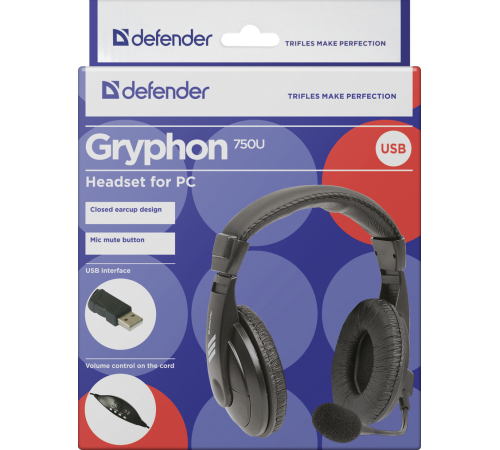 Гарнитура проводная Defender Gryphon 750U, USB, 1.8 м, черный