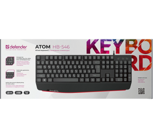 Клавиатура проводная Defender Atom HB-546 RU,104+FN, 1.8 м, черный