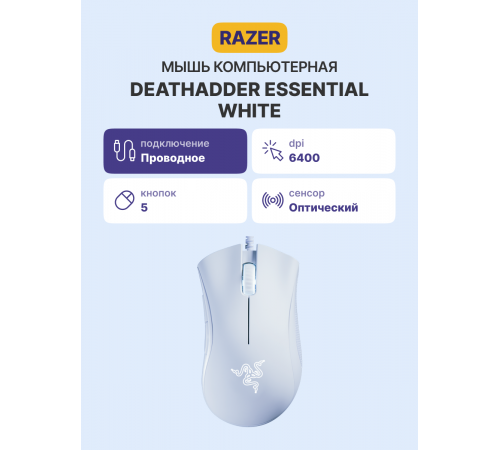 Мышь проводная игровая Razer DeathAdder Essential - White Ed., белый
