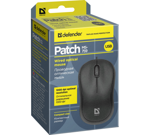 Мышь проводная Defender Patch MS-759, 3 кнопки,1000 dpi, черный
