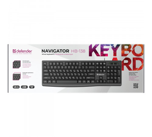 Клавиатура проводная Defender Navigator HB-138 RU, 104 клавиши+FN, 1.8 м, черный