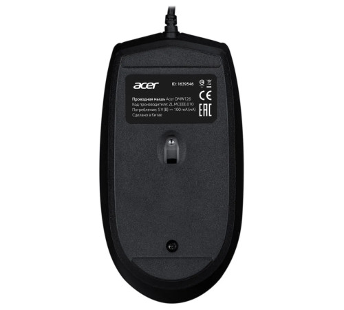 Мышь проводная Acer OMW126, 3 кнопки, 1000 dpi, USB, черный
