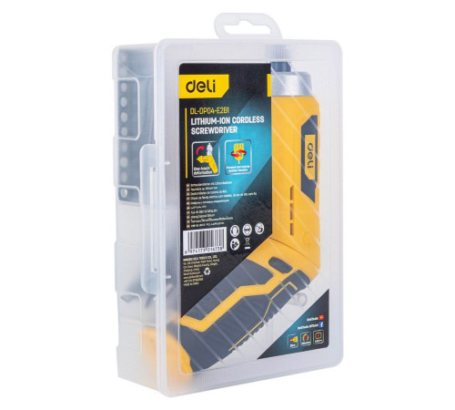 Отвертка аккумуляторная Deli DL-DP04-E2B1 (3,6В, 1,5А*ч, 3Нм, набор бит 10 шт, пласт. кейс)