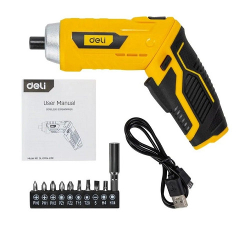 Отвертка аккумуляторная Deli DL-DP04-E2B1 (3,6В, 1,5А*ч, 3Нм, набор бит 10 шт, пласт. кейс)